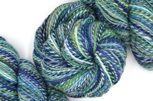 A one of a kind, Worsted Weight, hand dyed variegated skein of multicolored Blue, Green, Teal, Light Yellow, and Lime Green, self-striping wool Yarn coiled attractively in the center of the frame.