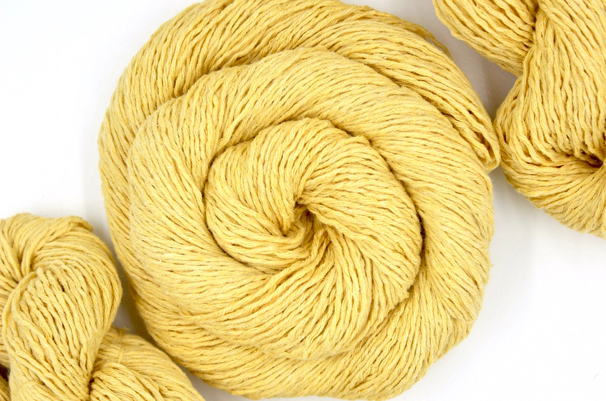 A skein of Golden Yellow, 100% Cotton, Sport weight Yarn recycled by hand from unwanted sweaters swirled attractively in the center of the frame. 
