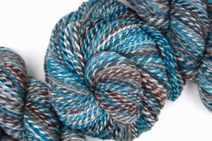 A one of a kind, Worsted Weight, hand dyed variegated skein of multicolored Blue, Teal, Taupe, and Chocolate Brown, self-striping wool Yarn coiled attractively in the center of the frame. 