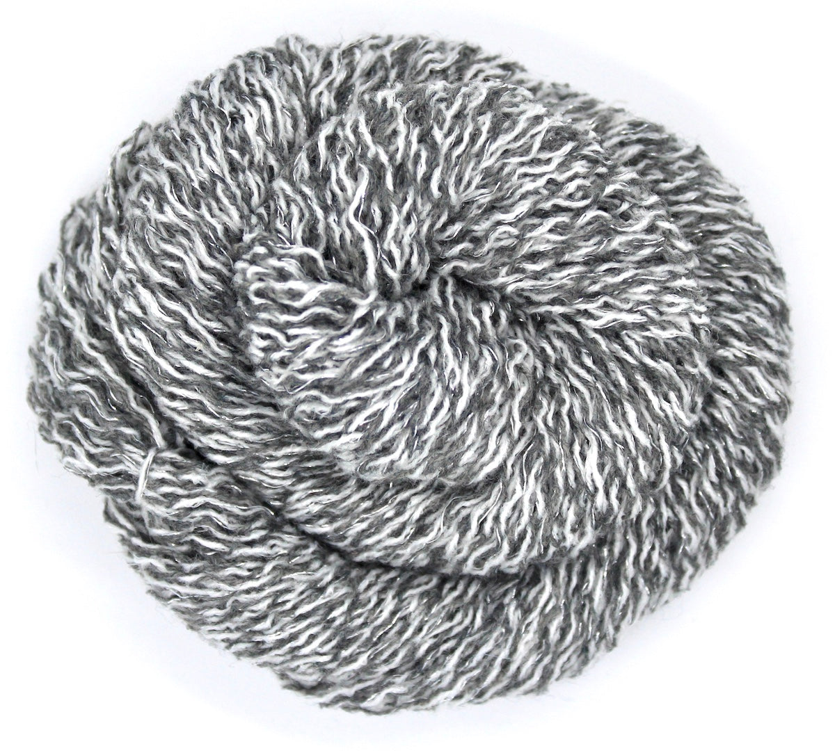 A skein of Vegan, White and Grey Variegated, Acrylic, Polyester, Sparkle, Sport weight Yarn recycled by hand from unwanted sweaters swirled attractively in the center of the frame. 