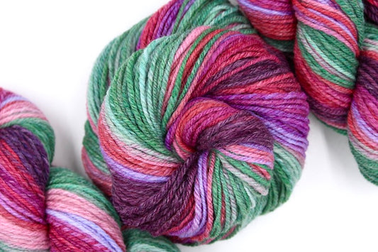 A one of a kind, hand dyed gradient skein of multicolored Plum Purple, Red, Fuchsia, Lavender, Pink, and Green self-striping wool Yarn coiled attractively in the center of the frame. 