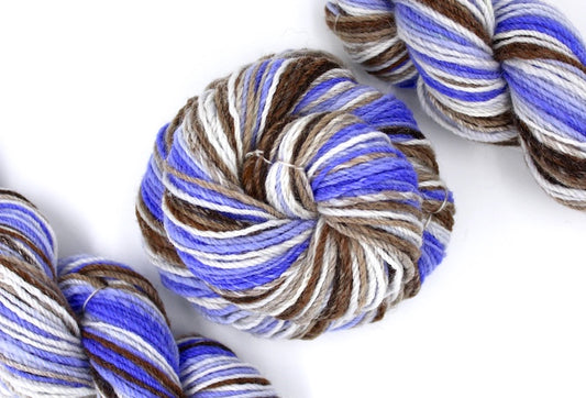 A one of a kind, hand dyed Variegated skein of multicolored Purple, Lavender, White, Tan, and Brown self-striping wool Yarn coiled attractively in the center of the frame. 