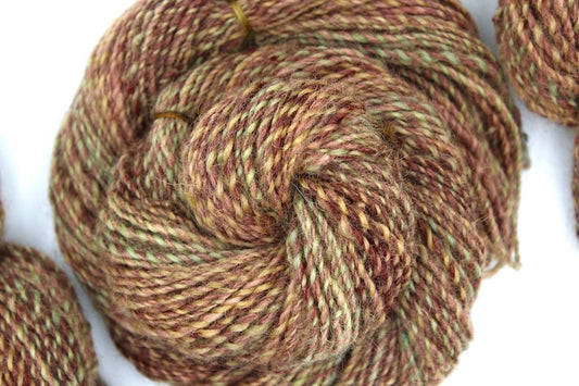 A one of a kind, hand dyed variegated skein of multicolored Reddish Brown, Green, Taupe, and Gold self-striping wool Yarn coiled attractively in the center of the frame. 