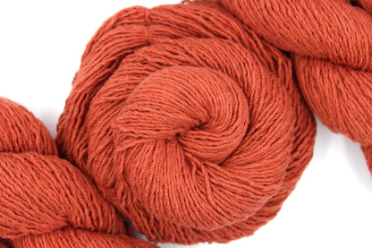 A skein of Vegan, Rusty Red/ Terracotta Orange, Cotton/ Acrylic, Fingering weight Yarn recycled by hand from unwanted sweaters swirled attractively in the center of the frame. 