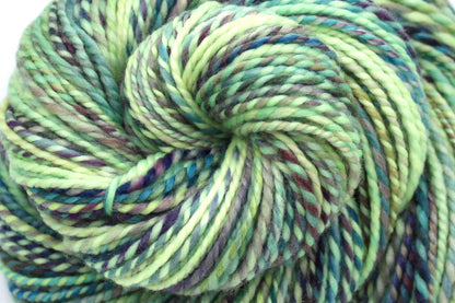 A close up view of a one of a kind, Worsted Weight, hand dyed variegated skein of multicolored Lime Green, Yellow, Seafoam, Navy, Blue, and Purple self-striping 100% Superwash Merino wool Yarn. 